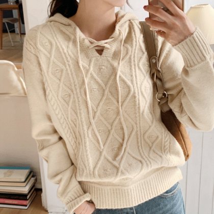 [Premium]フィッシャーケーブルフードニット(wool)